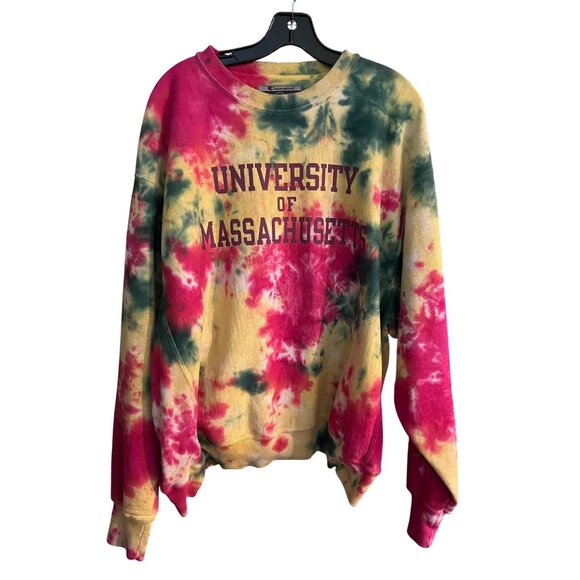 Champion University Of Massachusetts Tie-Dye Sweatshirt Pink Yellow Green XL - Picture 1 of 5